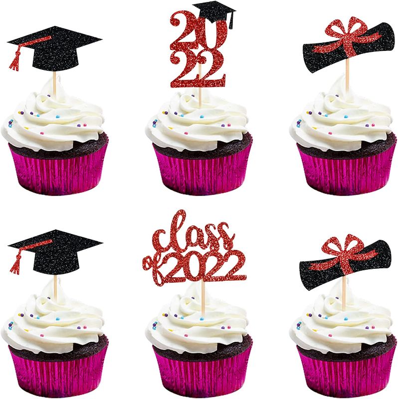 Photo 1 of 2022 Graduation Cupcake Toppers Red Glitter, Class Of 2022 Graduation Cap,Diploma,2022 Cupcake Toppers, 2022 Graduation Cupcake Food Picks, Red 2022 Graduation Party Cake Decorations (24Pcs )
