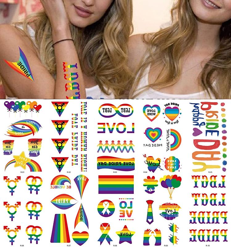 Photo 1 of 45 Piece Rainbow Temporary Tattoos sticker Heart Printed Pride Day Body Face Art Waterproof Paints Stickers for Parade favors Arm Waist Supplies for Men Women Gay Party Decoration (10 Sheet )
