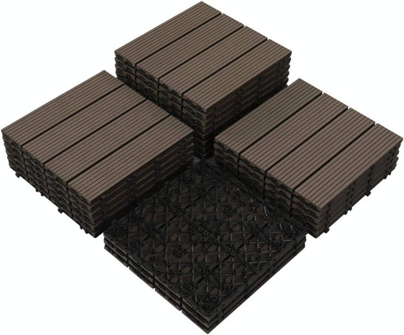 Photo 1 of PANDAHOME 22 PCS Wood Plastic Composite Patio Deck Tiles, 12”x12” Interlocking Deck Tiles, Water Resistant for Indoor & Outdoor, 22 sq. ft - Mocha
