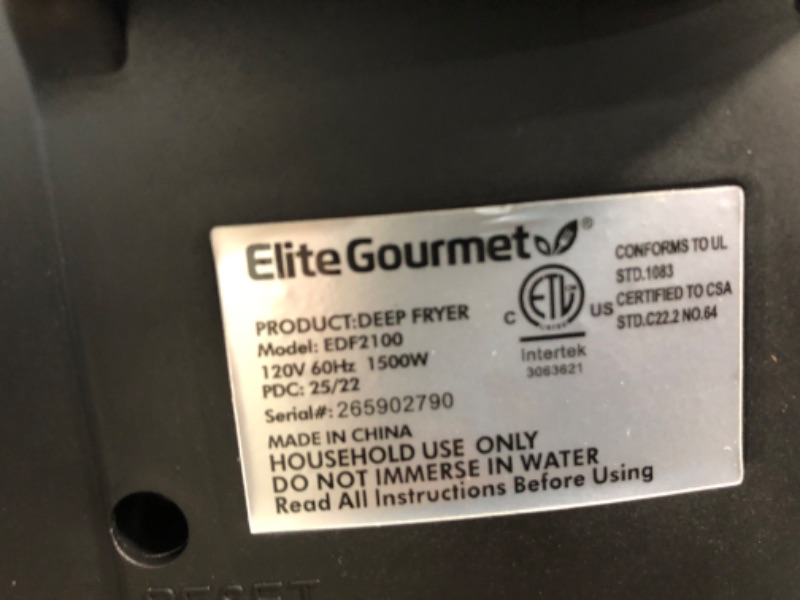 Photo 4 of (DAMAGED, NOT FUNCTIONAL)Elite Gourmet EDF2100 Electric Immersion Deep Fryer Removable Basket Adjustable Temperature, Lid with Viewing Window and Odor Free Filter, 2 Quart / 8.2 cup
**UNABLE TO CONNECT POWER CORD**
