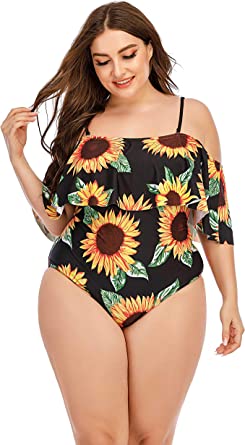 Photo 1 of Wellwits Women's Plus Size Sunflower Off Shoulder Strap One Piece Swimsuit 5XL
