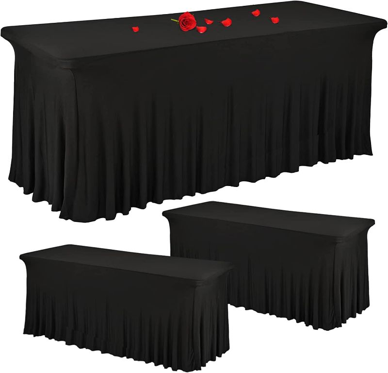 Photo 1 of 3 Pack Stretch Tablecloth Spandex Table Skirts for Rectangle Tables Washable Wrinkle Resistant Table Covers 6ft and Fitted Table Skirts for Tradeshows,Banquets or Restaurants,Parties,Events (Black)
