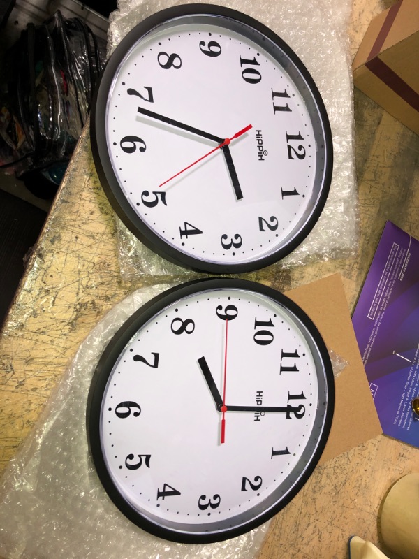 Photo 1 of Hippih Black Wall Clock Silent Non Ticking Quality Quartz, 10 Inch Round Easy to Read for Home Office School Clock 2 Pack
