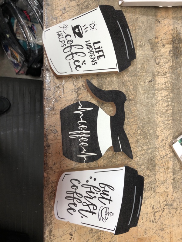 Photo 1 of 3 Pieces Coffee Bar Decor Signs But First Coffee Wood Plaque Rustic Coffee Bar