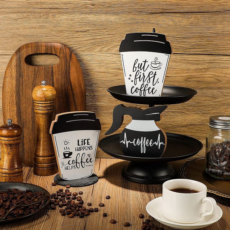 Photo 1 of 3 Pieces Coffee Bar Decor Signs But First Coffee Wood Plaque Rustic Coffee Bar