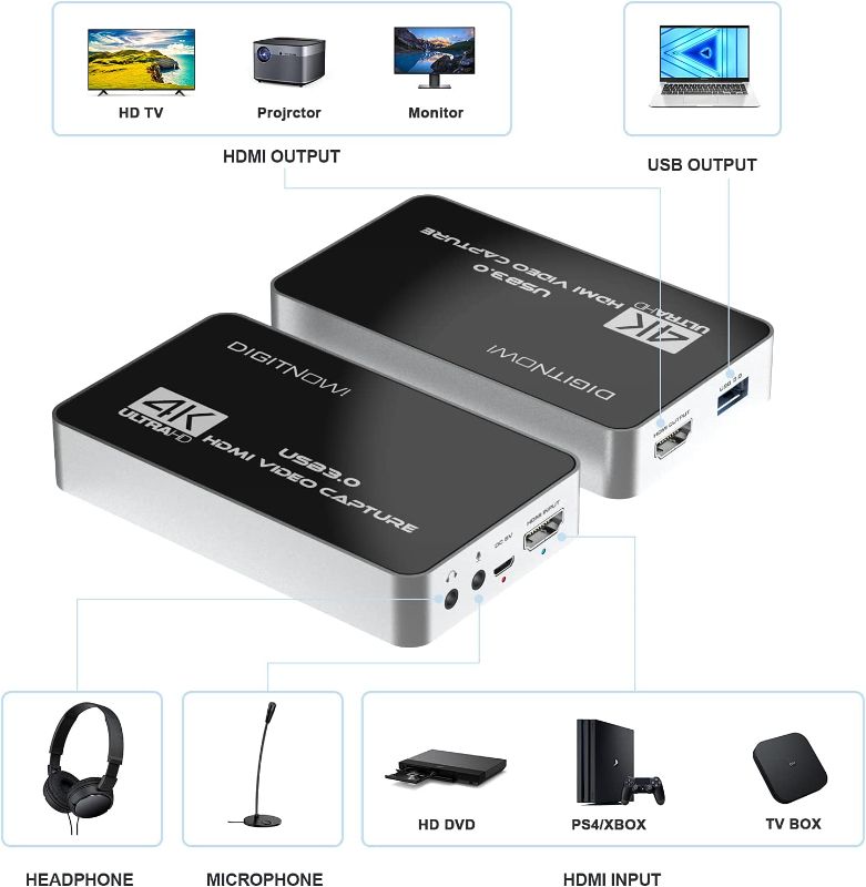 Photo 2 of DIGITNOW 4K HDMI Video Capture Card, USB 3.0 with Microphone and Earphone HDMI Loop-Out, 4k 60Hz Video Recorder for Broadcast Live, Record via DSLR, Camcorder, or Action Cam