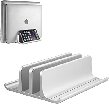 Photo 1 of VAYDEER Double-Slot Adjustable Vertical Laptop Stand Newly Designed 2 Slot Aluminum Desktop Holder for All MacBook/Chromebook/Surface/Dell/iPad Up to 17.3 Inches - Silver