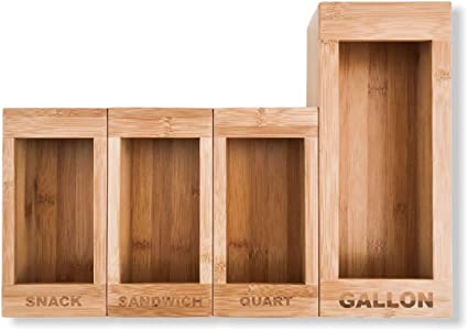 Photo 1 of  Food Storage Bag Holders – Premium Moso Bamboo Kitchen Drawer Ziplock Bag Storage Organizer Dispenser Compatible with Ziploc, Solimo, Glad, Hefty for Gallon, Quart, Sandwich & Snack Variety Size Ziplock Bags (4 Piece Set)