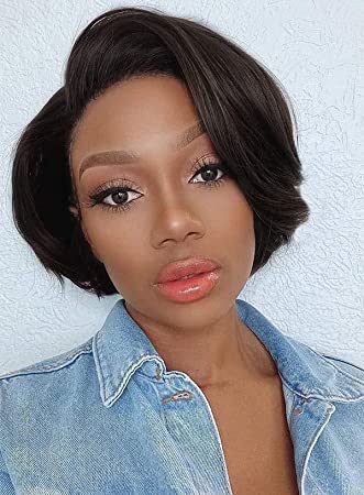 Photo 1 of WIGER Short Pixie Cut Wig Human Hair Lace Front Wigs Straight Bob Wig for Black Women Black Pixie Wigs Side Part T Lace Hand-tied Natural Hairline Wigs 8 Inch