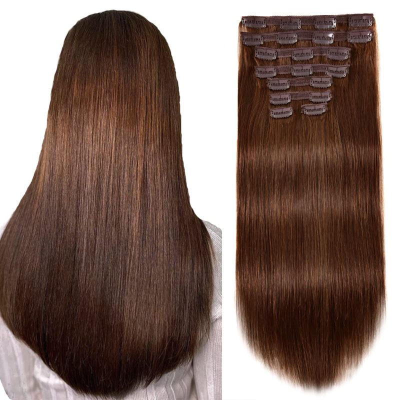 Photo 1 of 16Inch Clip In Human Hair Extensions, #4 Medium Brown 8Pcs 120G Human Hair Clip In Hair Extensions Straight Remy Hair Clip in Real Hair Extensions