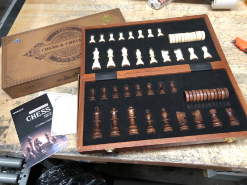 Photo 2 of AMEROUS 15 Inches Magnetic Wooden Chess and Checkers Set (2 in 1) - Folding Board -Gift Box Packed -24 Cherkers Pieces -2 Extra Queens - Chessmen Storage Slots