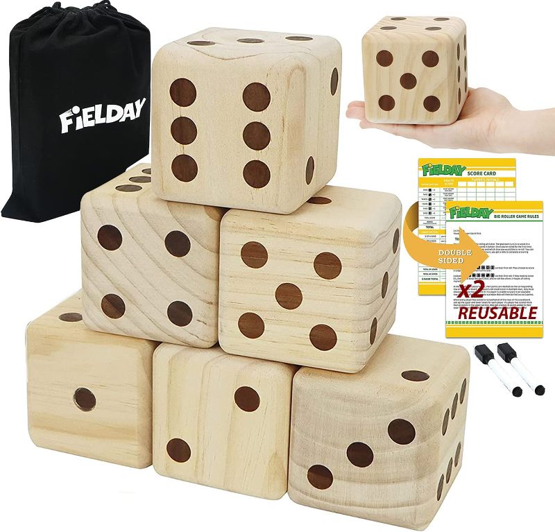 Photo 1 of JOYIN 3.5 inch Giant Wood Yard Dice Large Dice Game Set with 6 Wooden Dice, 2 Double Sided Score Sheets, Dry Erase Marker, and a Durable Storage Bag, Good Yard Games for Kids and Adults
