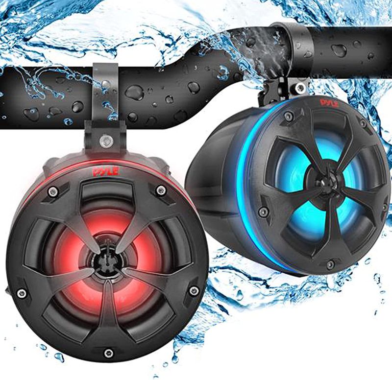 Photo 1 of 2-Way Dual Waterproof Off-Road Speakers - 4" 800W Marine Grade Wakeboard Tower Speakers System w/RGB Lights & Remote, Full Range Outdoor Audio Stereo Speaker for ATV/UTV, Jeep, Boat - Pyle PLUTV44BTR
