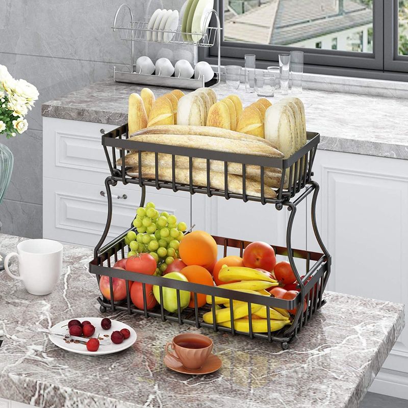 Photo 1 of Apsan 2 Tier Fruit Storage Basket Countertop for Kitchen, Bread Vegetable Fruit Basket Bowl Stand Detachable Metal Rectangular Wire Basket, Black Medium