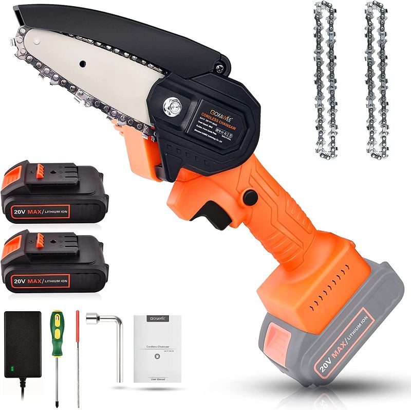 Photo 1 of Mini Chainsaw Cordless 20V 2pcs Batteries, GOXAWEE 4 Inch Electric Power Chain Saw, One-Hand Operated Portable Wood Saw for Farming Tree Limbs, Garden Pruning, Bonsai Trunk, and Firewood