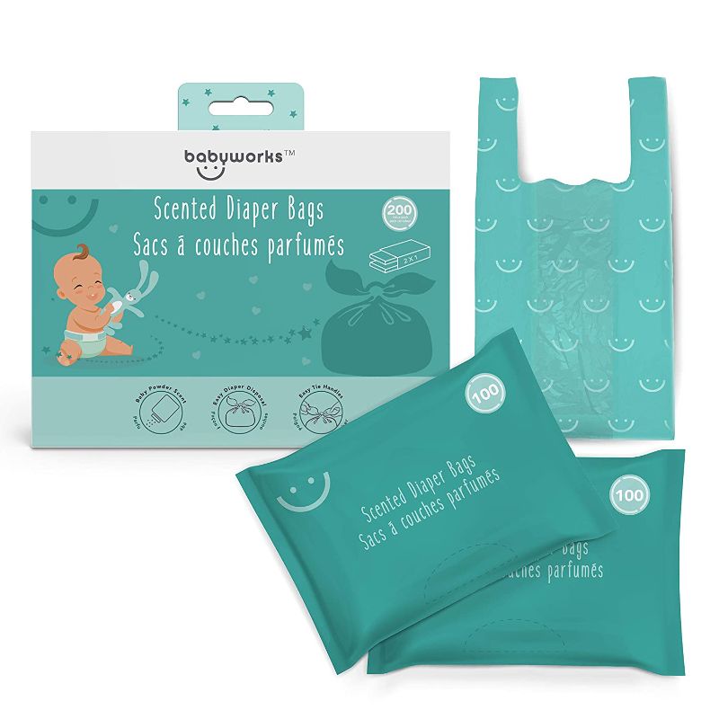Photo 1 of Baby Works Scented Diaper Disposable Bags for Diaper Changes Perfect for Pets and Trash Baby Powder Scent Neutralizes Odors 200