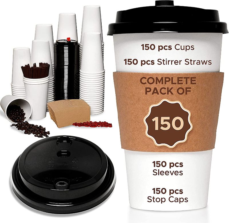 Photo 1 of 150 Pack 16oz Disposable Coffee Cups with Lids, Sleeves and Straws - To Go Coffee Cups 16 oz White Paper Cups - Insulated Hot Cups Bulk Disposable Cups - 
