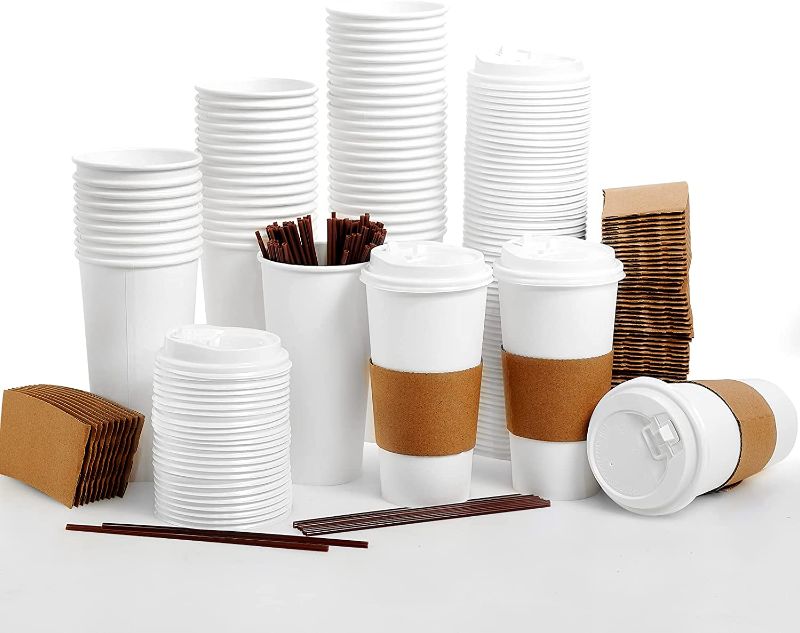 Photo 1 of [50 Pack] 20 oz Paper Coffee Cups, Disposable Paper Coffee Cup with Lids, Sleeves, and Stirrers, Hot/Cold Beverage Drinking