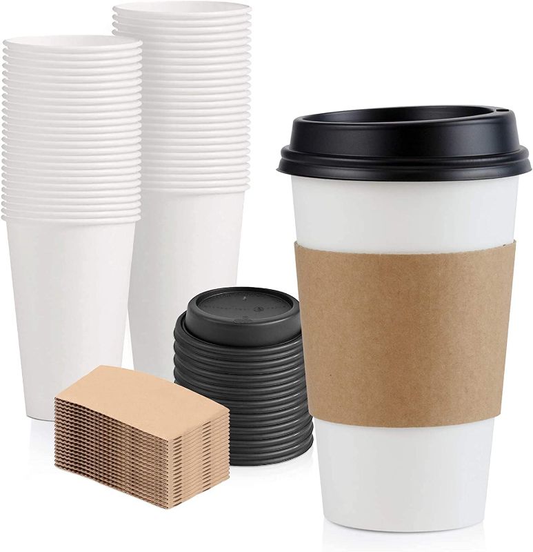 Photo 1 of [50 Pack] 12 oz Hot Beverage Disposable White Paper Coffee Cup with Black Dome Lid and Kraft Sleeve Combo, Small Tall
