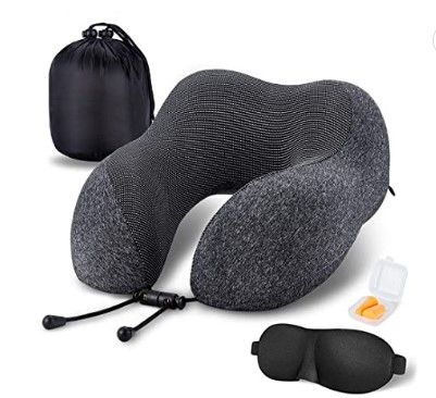 Photo 1 of MLVOC Travel Pillow 100% Pure Memory Foam Neck Pillow, Comfortable & Breathable Cover, Machine Washable, Airplane Travel Kit with 3D Contoured Eye Masks, Earplugs, and Luxury Bag, Standard (Black)