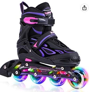 Photo 1 of 2PM SPORTS Vinal Girls Adjustable Flashing Inline Skates, All Wheels Light Up, Fun Illuminating Skates for Kids and Men- Azure Small (1Y-4Y US)
