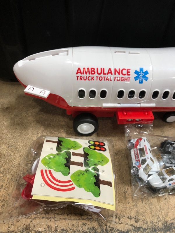 Photo 4 of Airplane Toy Kids Plane 15 Inches Large with Light and Sound for 3 4 5 6 7 Year Old Boys Girls Toddlers, Ambulance Aircraft Toy Vehicle Play Set with Traffic Signs and 6 Rescue Trucks