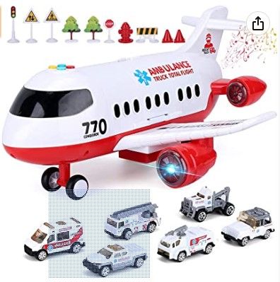 Photo 1 of Airplane Toy Kids Plane 15 Inches Large with Light and Sound for 3 4 5 6 7 Year Old Boys Girls Toddlers, Ambulance Aircraft Toy Vehicle Play Set with Traffic Signs and 6 Rescue Trucks