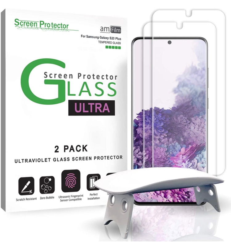 Photo 1 of amFilm Ultra Glass Screen Protector for Galaxy S20 Plus, (2 Pack) UV Gel Application, Tempered Glass, Compatible with UltraSonic Fingerprint Scanner for Galaxy S20 Plus (2020)
