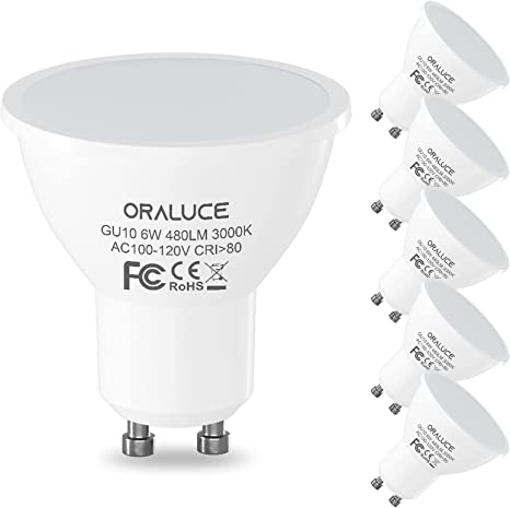 Photo 1 of GU10 LED Bulbs, ORALUCE 6 Watt Equivalent to 50W Halogen Light Bulb, Non-dimmable, 3000K Soft White,120 V, 480 Lm, 120° Flood Beam Angle, MR16 Shape for Recessed, Track Lighting, Pack of 6
