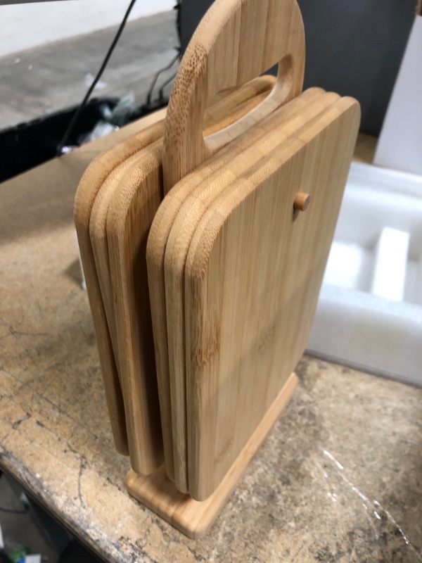 Photo 2 of Bamboo Cutting Board Set for Kitchen,Small Cutting Boards with Holder,Serving Boards for Sandwich Cheese Meal Breakfast
