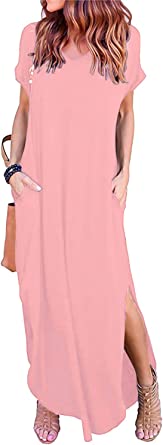 Photo 1 of HUSKARY Women's Summer Maxi Dress Casual Loose Pockets Long Dress Short Sleeve Split SMALL