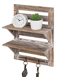 Photo 1 of 2-Tier Torched Whitewashed Wood Wall Mounted Shelf Rack with Key Hooks