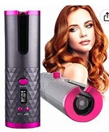 Photo 1 of Cordless Automatic Hair Curler Portable Electric Wand Curling Iron with LCD Temperature Display Fast Heating Auto Rotating Ceramic Barrel Hair Curler Black/Purple 