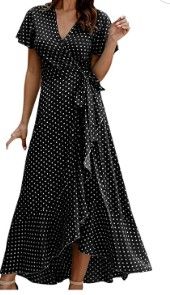 Photo 1 of Sleeve Polka Wrap Bohemian Chiffon Short Dress Split Maxi Dot V Women's Neck Womens Casual Dresses Petite Black/White XL 