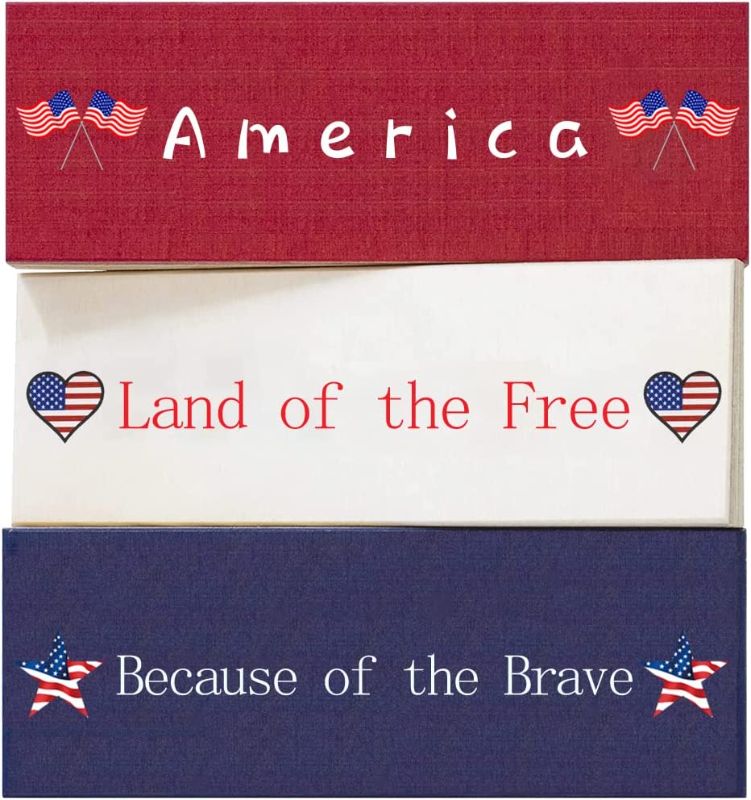 Photo 1 of 4th of July Patriotic Decorations Wooden Block Signs, America Land of the Free Because of the Brave Theme Farmhouse Tiered Tray Decor for Mantel Decor, Home Decor, Desk and Shelf Decorations 2 PACKS.
