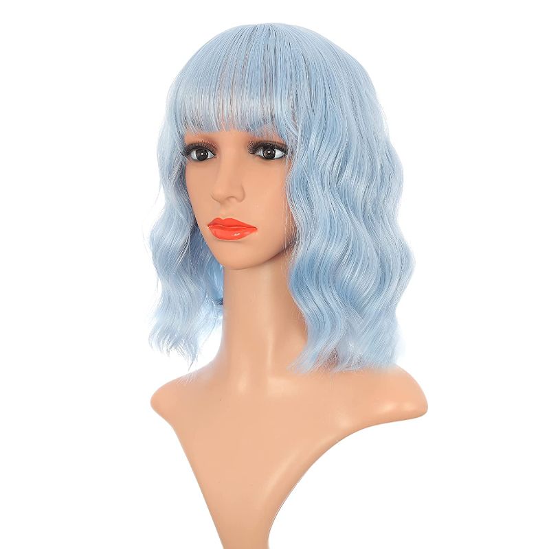 Photo 1 of Light Blue Wig, Blue Wig with Bangs for Women, Short Curly Wavy Bob Wigs for Women, Colorful Medium Length Wig, Pastel Colored Cosplay Wig for Women Girls(14"Light Blue)
