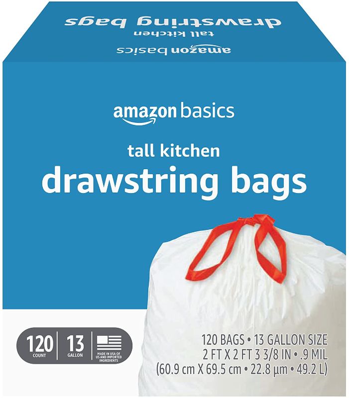 Photo 1 of Amazon Basics Tall Kitchen Drawstring Trash Bags, 13 Gallon, 120 Count (Previously Solimo)
