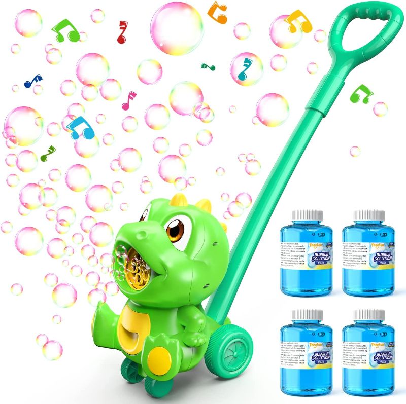 Photo 1 of Bubble Machine: Dinosaur Bubble Machine for Kids 5000+ Bubbles Per Minute - Theefun Automatic Bubble Machine Lawn Mower for Toddlers Outdoor Push Toys Gifts with Music and 4 Bottles of Bubble Solution
