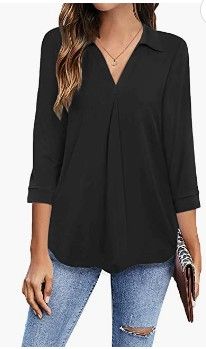 Photo 1 of Newchoice Womens Collared V Neck 3/4 Sleeve Shirts Business Casual Tops Loose Work Blouses