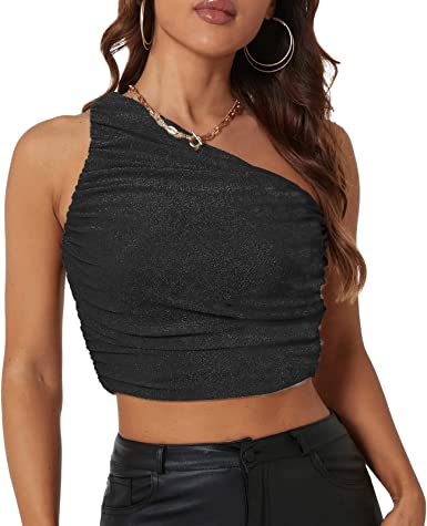 Photo 1 of Abardsion Women's One Shoulder Crop Top Sexy Sleeveless Glitter Ruched Strappy Cami Tank XL