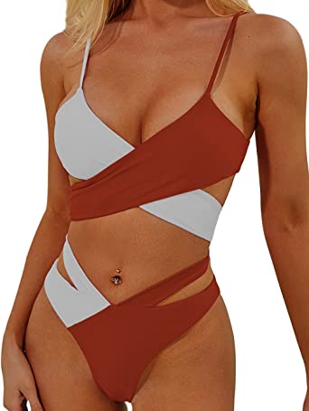 Photo 1 of Flamingals Bikini Swimsuit for Women Criss Cross Halter Wrap Two Piece Bathing, White & Coffee (L)
