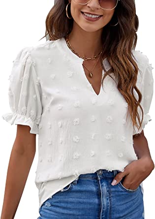 Photo 1 of Blooming Jelly Womens Puff Sleeve Summer Tops Chiffon Short Sleeve Blouses White V Neck Pom Pom Shirts - S
