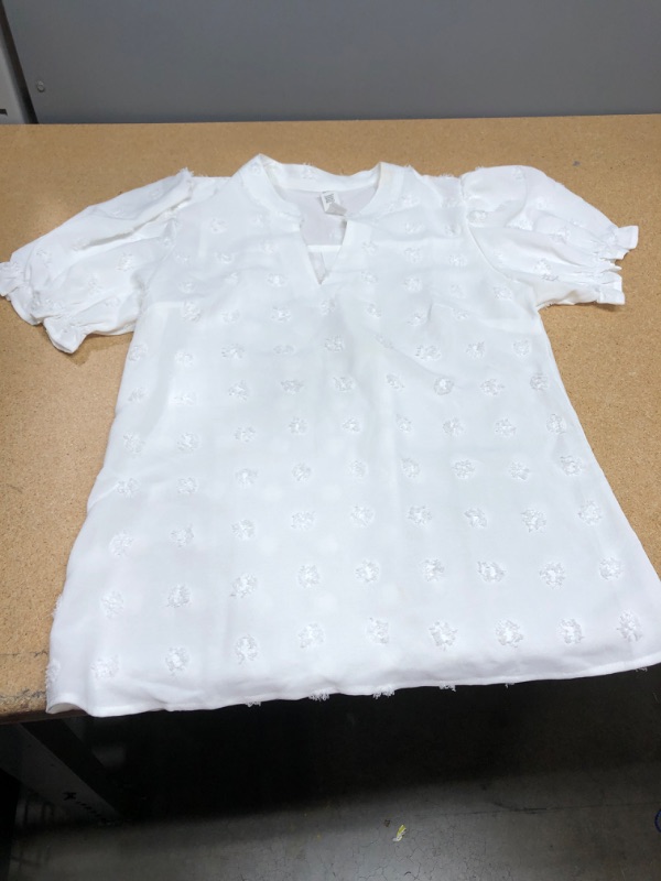 Photo 2 of Blooming Jelly Womens Puff Sleeve Summer Tops Chiffon Short Sleeve Blouses White V Neck Pom Pom Shirts - S
