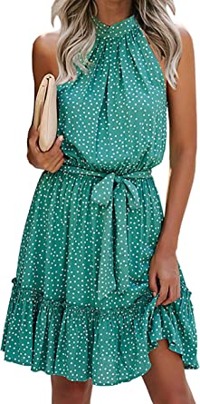 Photo 1 of BTFBM Women Floral Dresses Casual Summer Sleeveless Halter Neck Ruffle Belt Boho Polka Dot Sun Short Dress, Polka Dot Green - L
