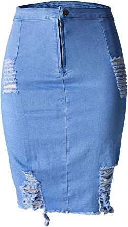 Photo 1 of Aodrusa Distressed Jean Skirt for Women Stretch Denim Ripped Mini Short Casual A Line Above Knee Length - M (6-8)
