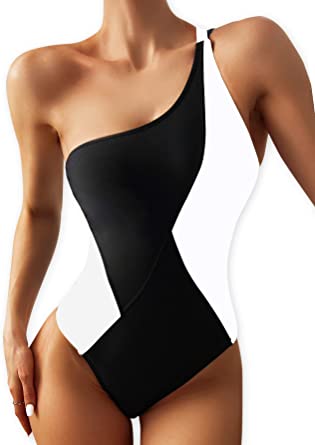 Photo 1 of Eomenie Women's One Piece Swimsuit One Shoulder 1 Piece Bathing Suit Color Block High Cut Slimming Swimwear Size S