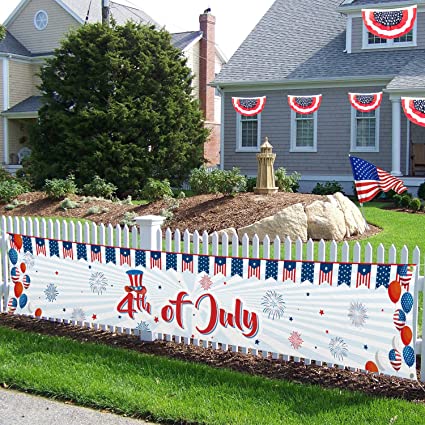 Photo 1 of 2 Packs of 4th of July Banner Decorations Outdoor Large Independence Day Flag 120" x 20" National Day Yard Sign US Party Supplies Holiday Celebration Patriotic Hanging Decor for Home Garden Patio Balcony Garage