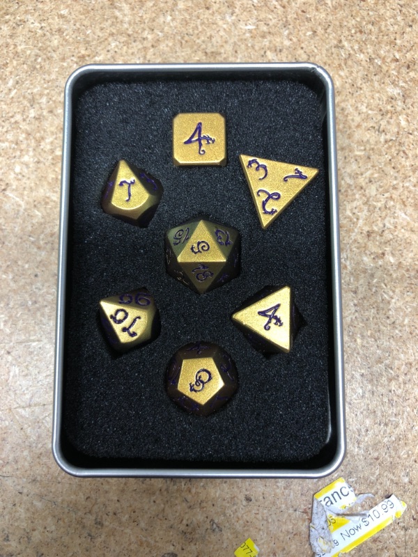 Photo 2 of Cusdie Metal Dice with Metal Box, 7 PCs DND Dice, Polyhedral Dice Set with Dragon Font, for Role Playing Game Dungeons and Dragons D&D Dice MTG Pathfinder Math Teaching (Discolor 2#)
