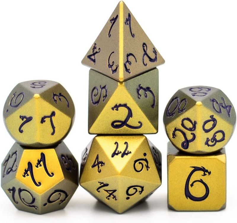 Photo 1 of Cusdie Metal Dice with Metal Box, 7 PCs DND Dice, Polyhedral Dice Set with Dragon Font, for Role Playing Game Dungeons and Dragons D&D Dice MTG Pathfinder Math Teaching (Discolor 2#)
