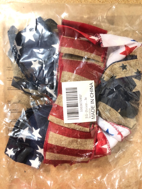 Photo 2 of 2Pcs Patriotic Wreath Bow, Stars and Stripes Burlap Bows,4th of July Memorial Day Wreath Bow for Indoor Outdoor Independence Day Veteran's Day President's Day (Red Stripe)
